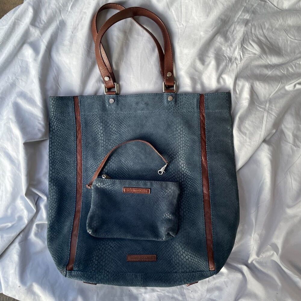 BCBG MAXAZRIA Blue Suede Snake Embossed TOTE Shoulder BAG  w/pouch